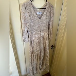 Christy Dawn Smocked Top Tiered Skirt Dress - Size L, Beige Floral Print